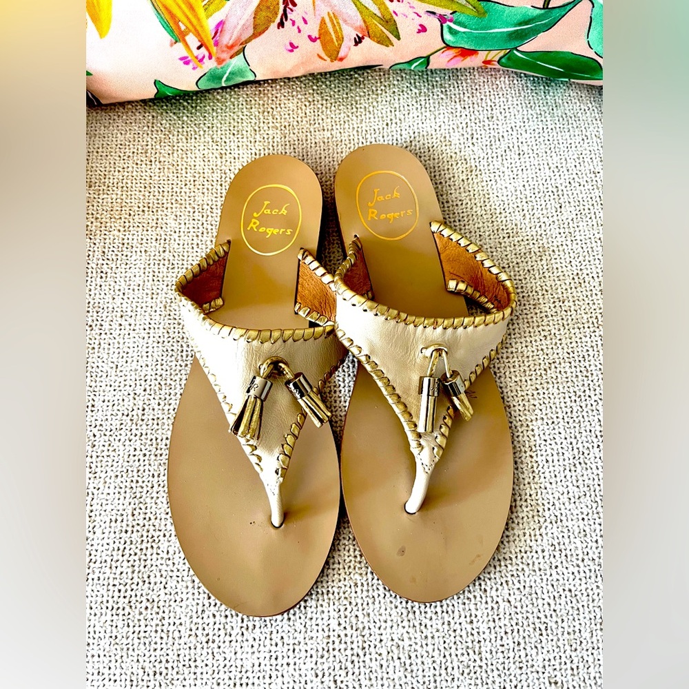 🎀HP 2X🎀 JACK ROGERS SANDALS 8M Gold Cream Tassels 🎀
